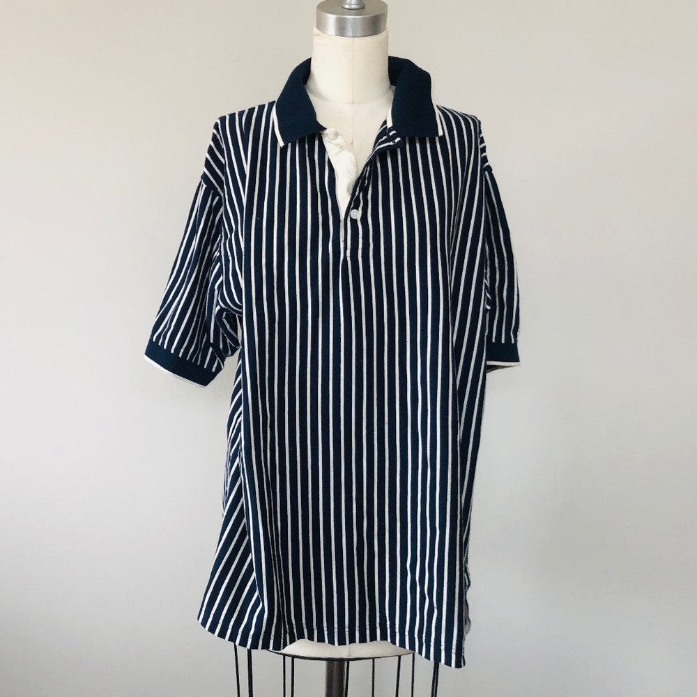 Large Mens Blue White Striped Cotton Short Sleeve BFC Pullover